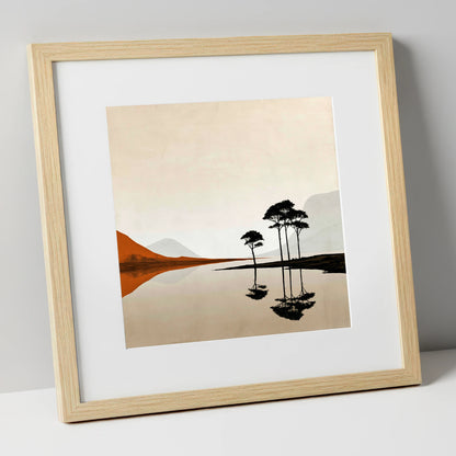 Dawn Lake with Silhouetted Pines lake district lake art print in natural frame
