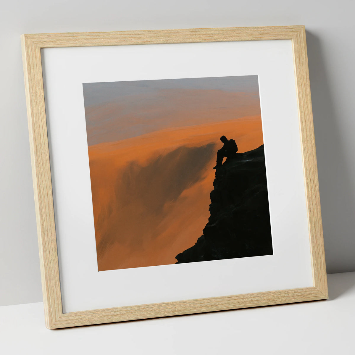 Blencathra Walker Silhouette in Amber lake district fell art print in natural frame