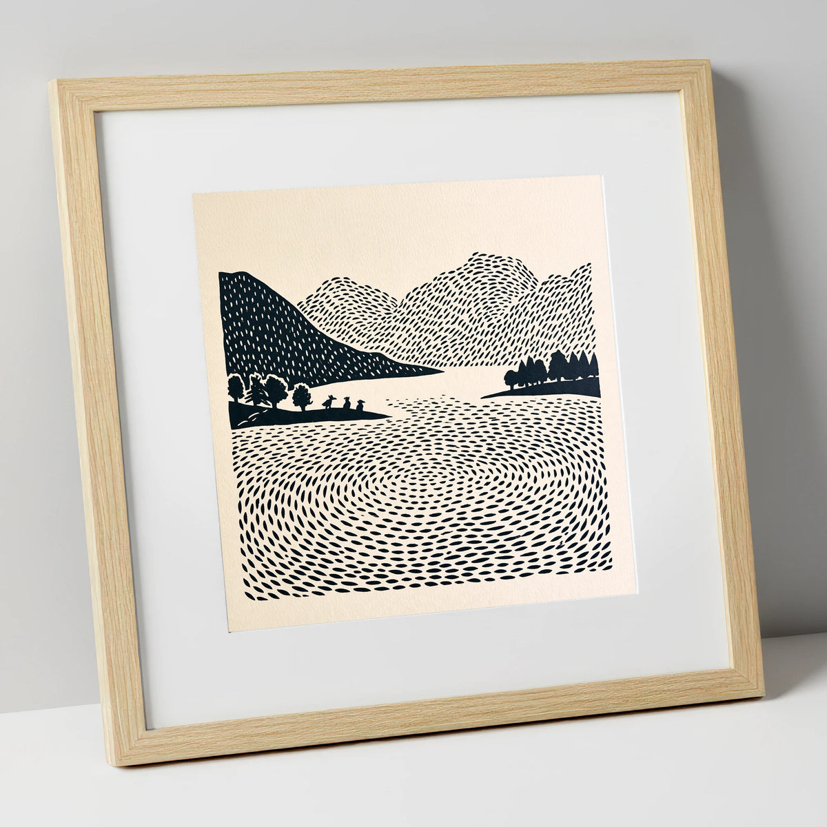 Graphic Grasmere Lake and Fells lake district lake art print in natural frame