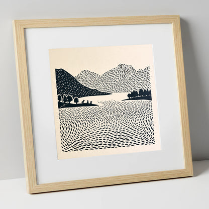 Graphic Grasmere Lake and Fells lake district lake art print in natural frame