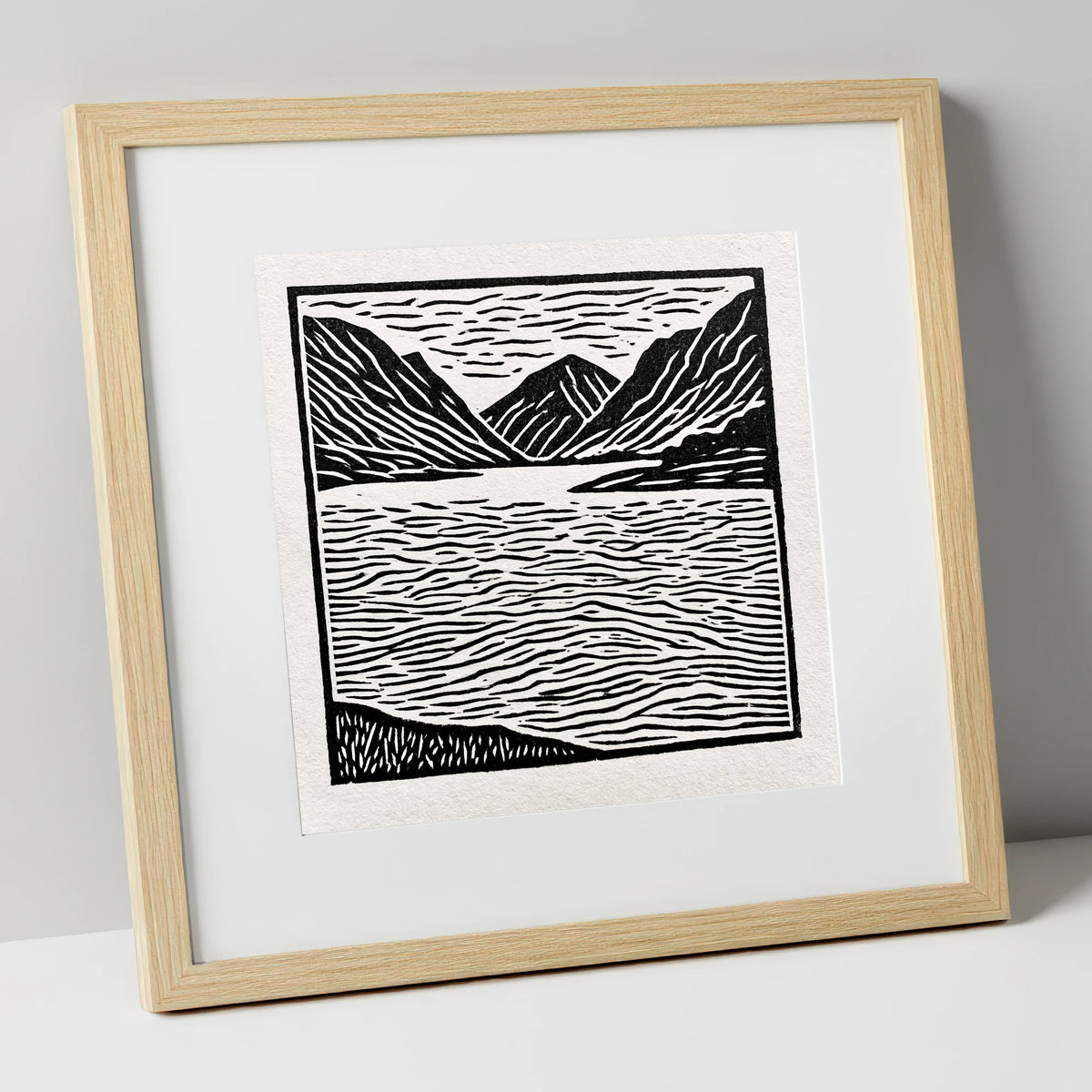 Lake and Fells in Monochrome lake district lake art print in natural frame