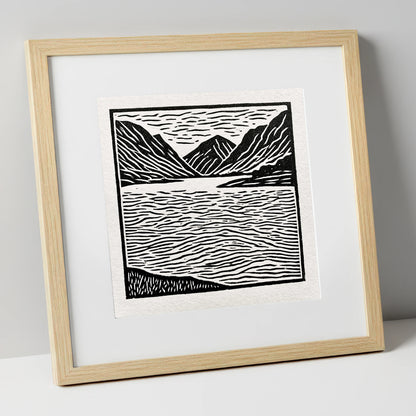 Lake and Fells in Monochrome lake district lake art print in natural frame