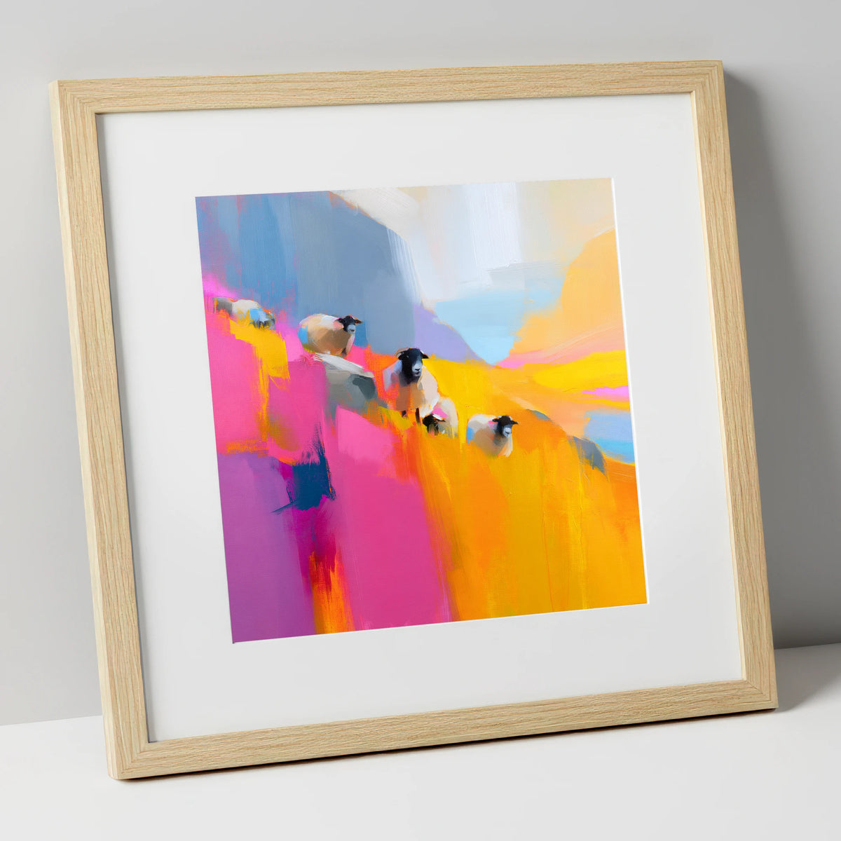 Herdwick Sheep in Fuchsia and Gold lake district wildlife art print in natural frame