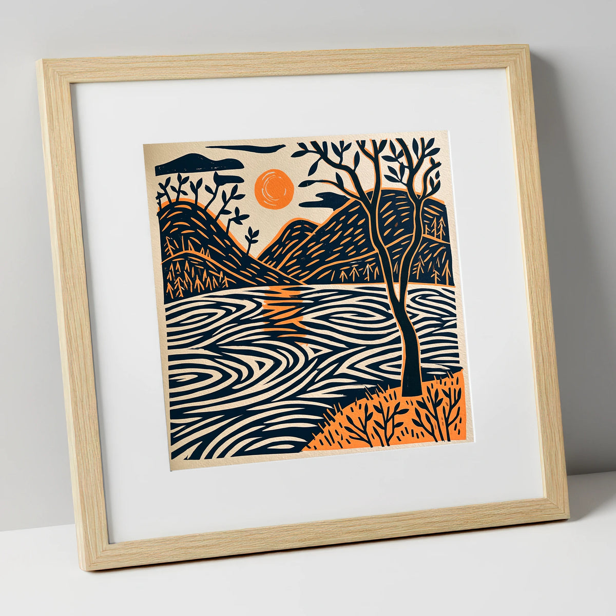 Dawn Lake in Terracotta and Navy lake district lake art print in natural frame