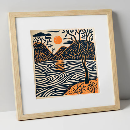 Dawn Lake in Terracotta and Navy lake district lake art print in natural frame