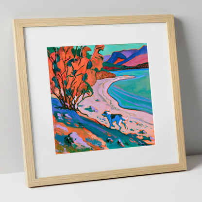 Colourful Derwentwater Shore with Dog derwentwater wall art art print in natural frame