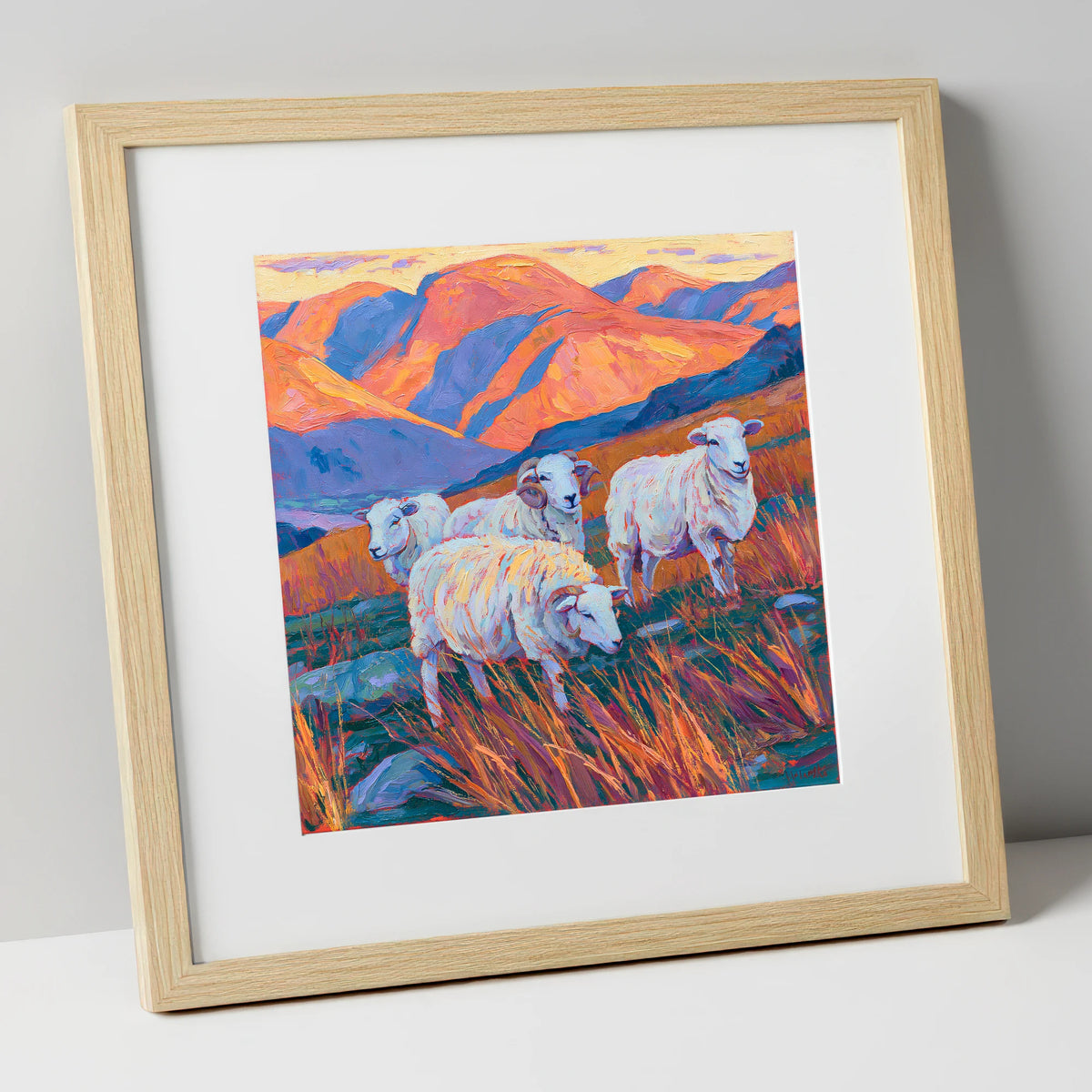 Herdwick Sheep in Sunset Fells lake district wildlife art print in natural frame