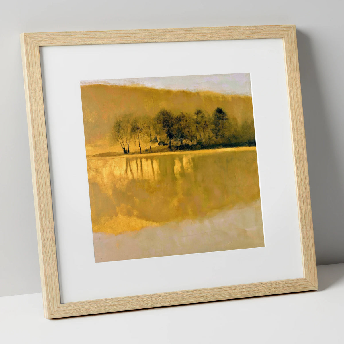 Dark Trees on Golden Lake lake district lake art print in natural frame