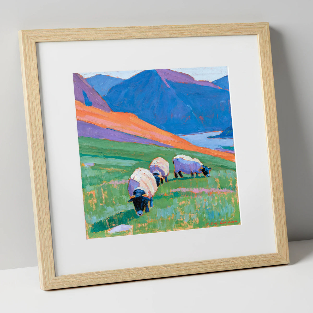 Herdwick Sheep on Colourful Fell lake district wildlife art print in natural frame