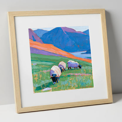Herdwick Sheep on Colourful Fell lake district wildlife art print in natural frame