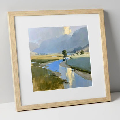 Golden Mist Over the Valley River lake district sky art print in natural frame
