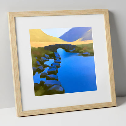 Vibrant Blue Stream and Bridge lake district waterfall art print in natural frame