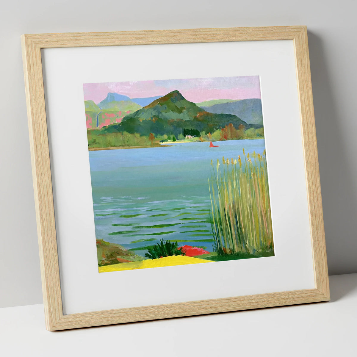 Vibrant Reeds on Grasmere Water lake district lake art print in natural frame