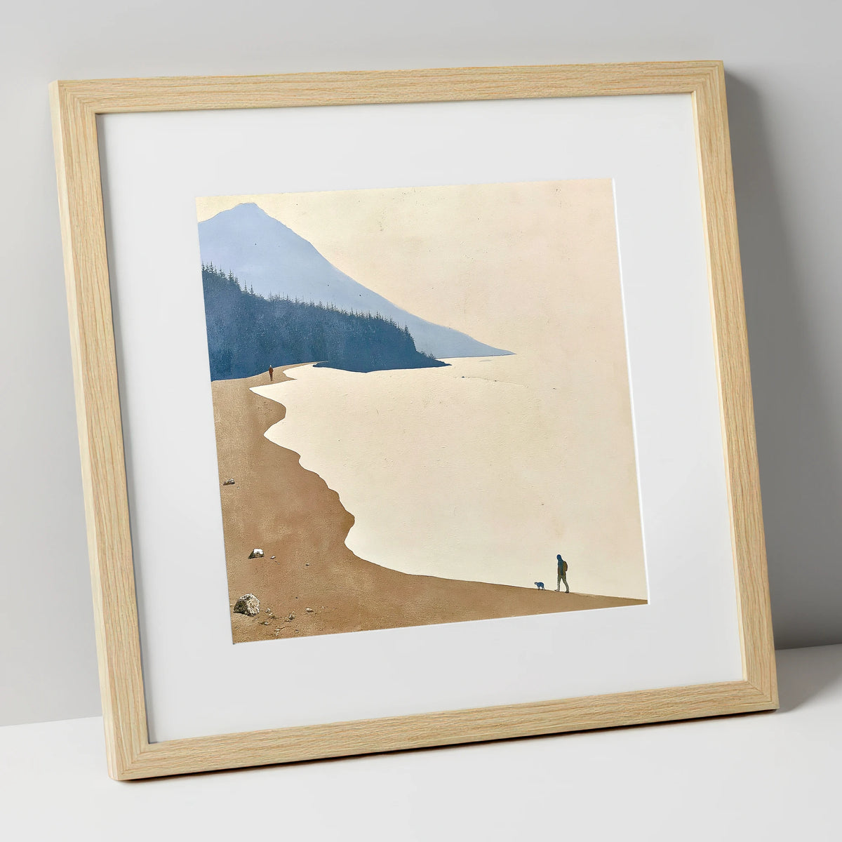 Misty Shoreline Walk with Dog lake district lake art print in natural frame