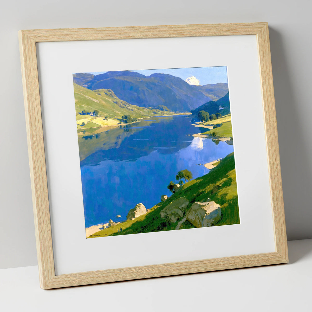 Blue Lake and Sunlit Fells lake district lake art print in natural frame