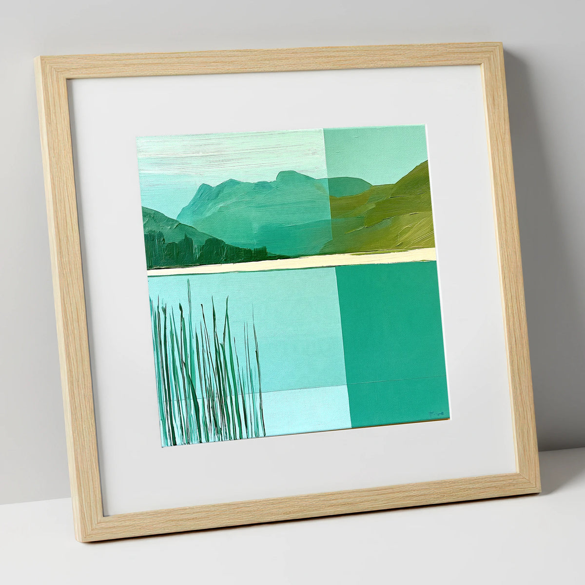Teal Reeds at Elterwater lake district lake art print in natural frame