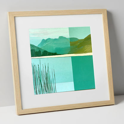 Teal Reeds at Elterwater lake district lake art print in natural frame