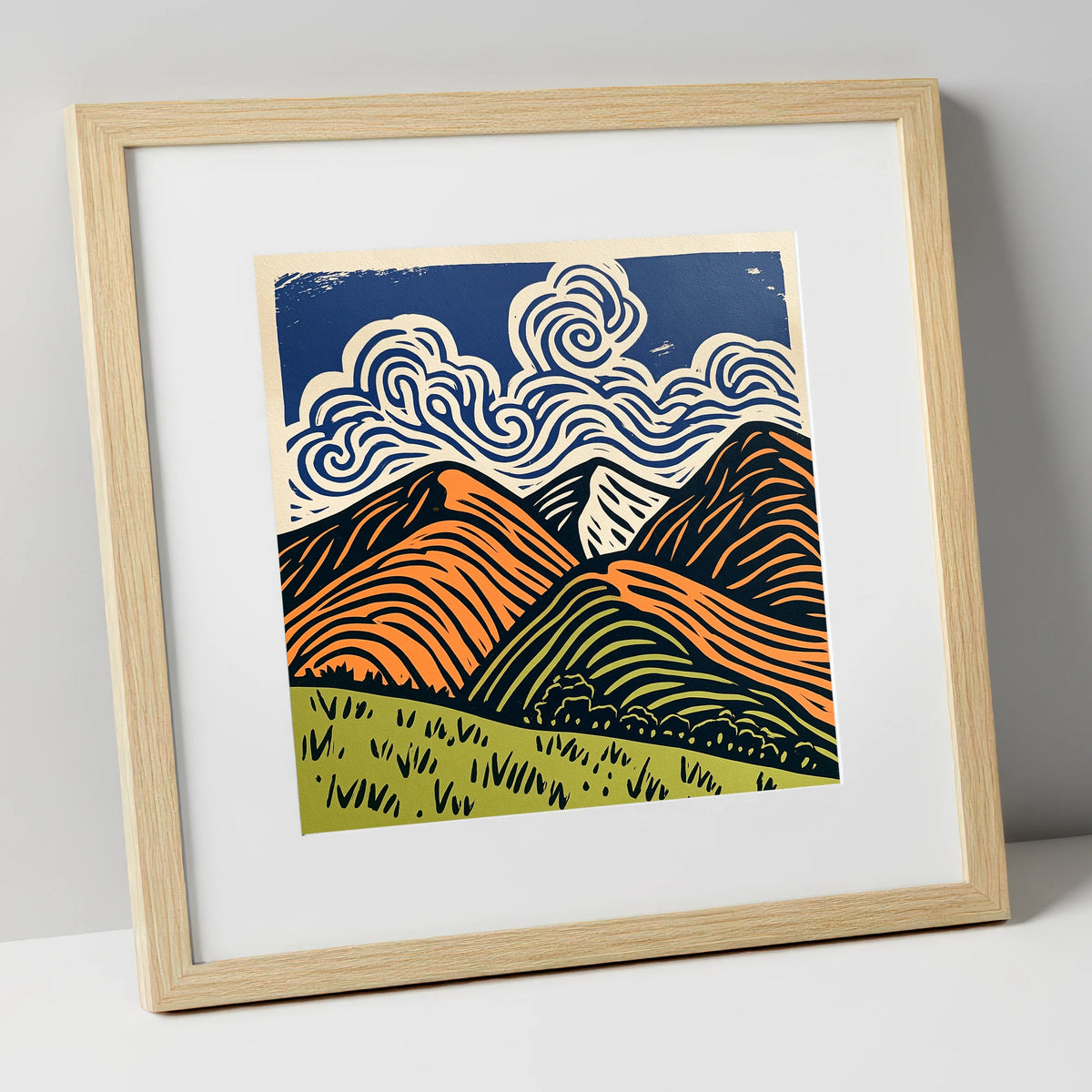 Rolling Fells Under Swirling Clouds lake district fell art print in natural frame