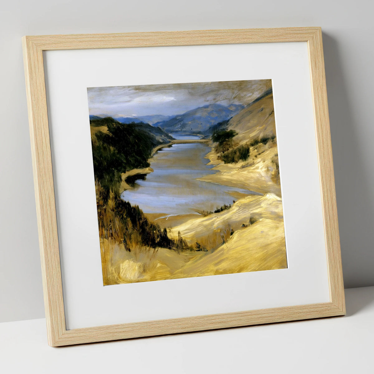 Thirlmere Reservoir in Golden Ochre lake district lake art print in natural frame