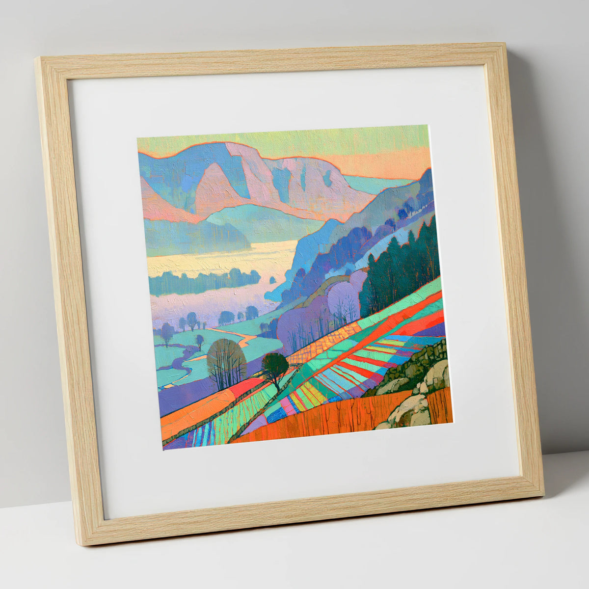 Vivid Morning Valley Mist lake district sky art print in natural frame
