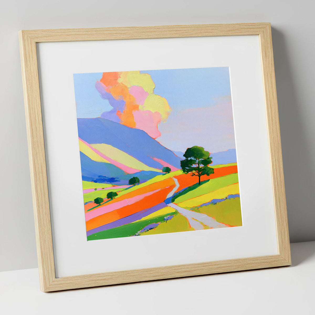 Winding Path Through Colourful Fells lake district fell art print in natural frame
