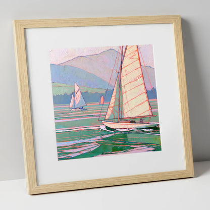 Vivid Yachts on a Breezy Lake lake district walking art print in natural frame