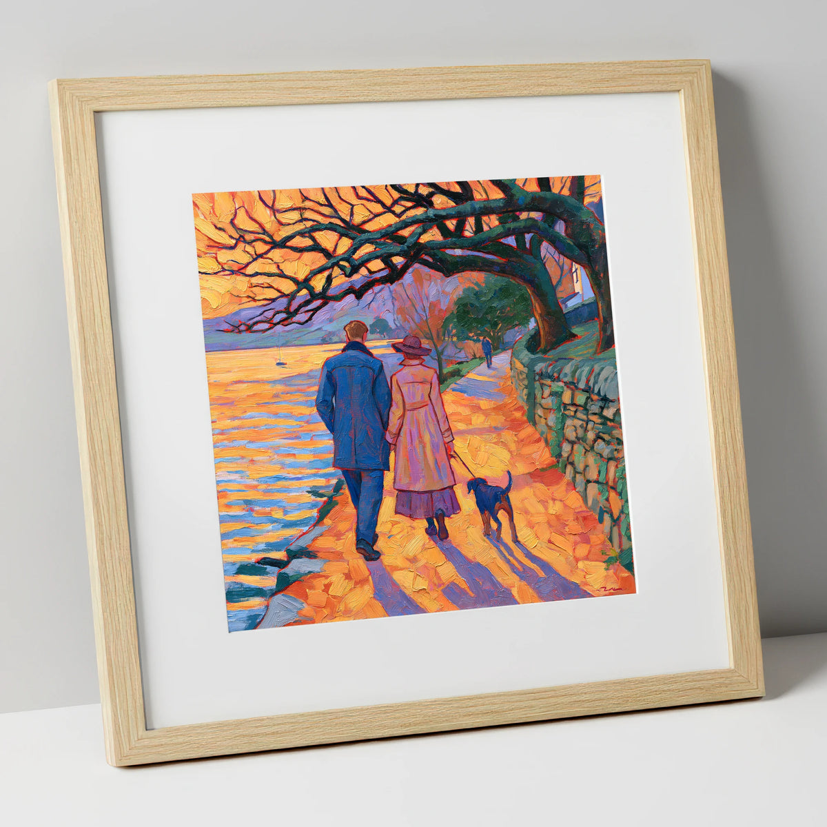 Sunset Dog Walk at Hawkshead gifts for dog walkers art print in natural frame
