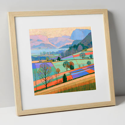 Bright Patchwork Valley Mist lake district sky art print in natural frame