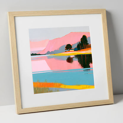 Still Lake and Pink Fells lake district lake art print in natural frame