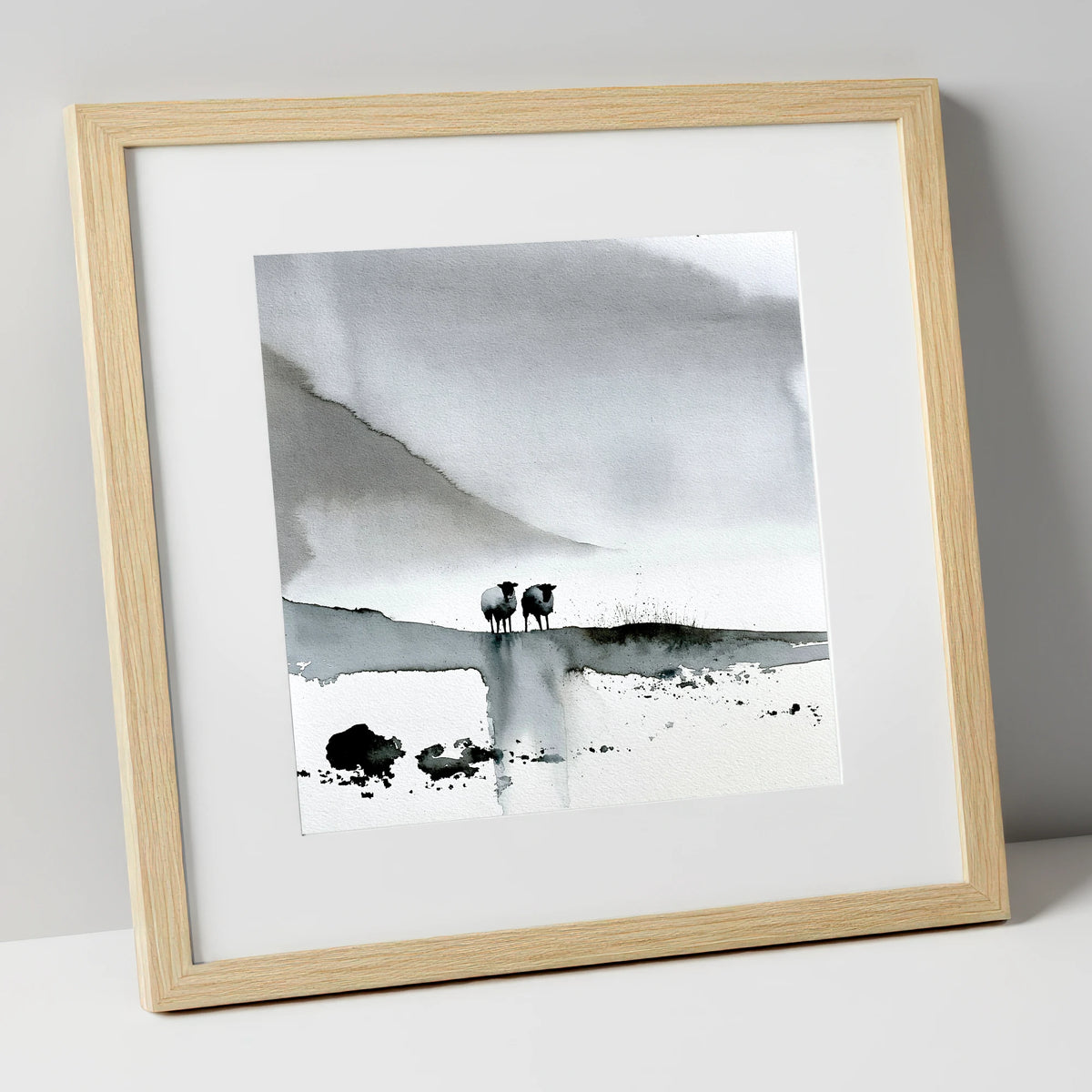 Monochrome Herdwick Sheep on Fellside lake district wildlife art print in natural frame