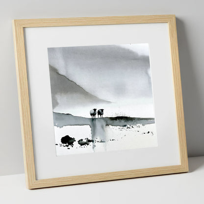 Monochrome Herdwick Sheep on Fellside lake district wildlife art print in natural frame