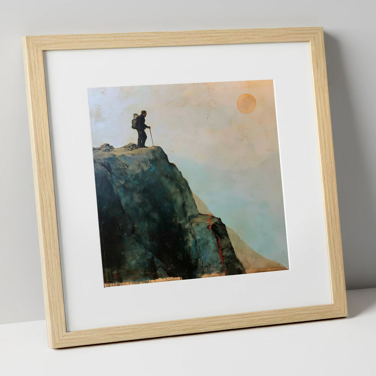 Striding Edge Silhouette and Golden Sun lake district walking art print in natural frame