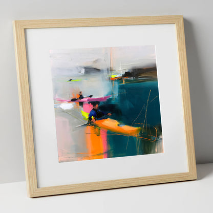 Vibrant Kayaks on Teal Water lake district walking art print in natural frame