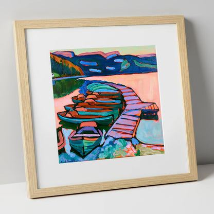 Bold Windermere Boats and Jetty lake district lake art print in natural frame