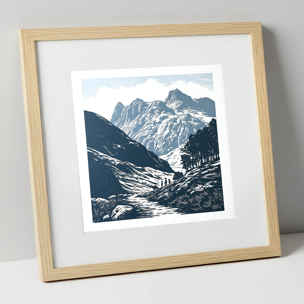 Langdale Pikes in Slate Blue lake district fell art print in natural frame