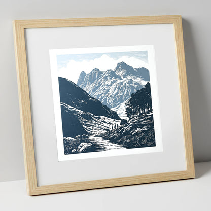 Langdale Pikes in Slate Blue lake district fell art print in natural frame