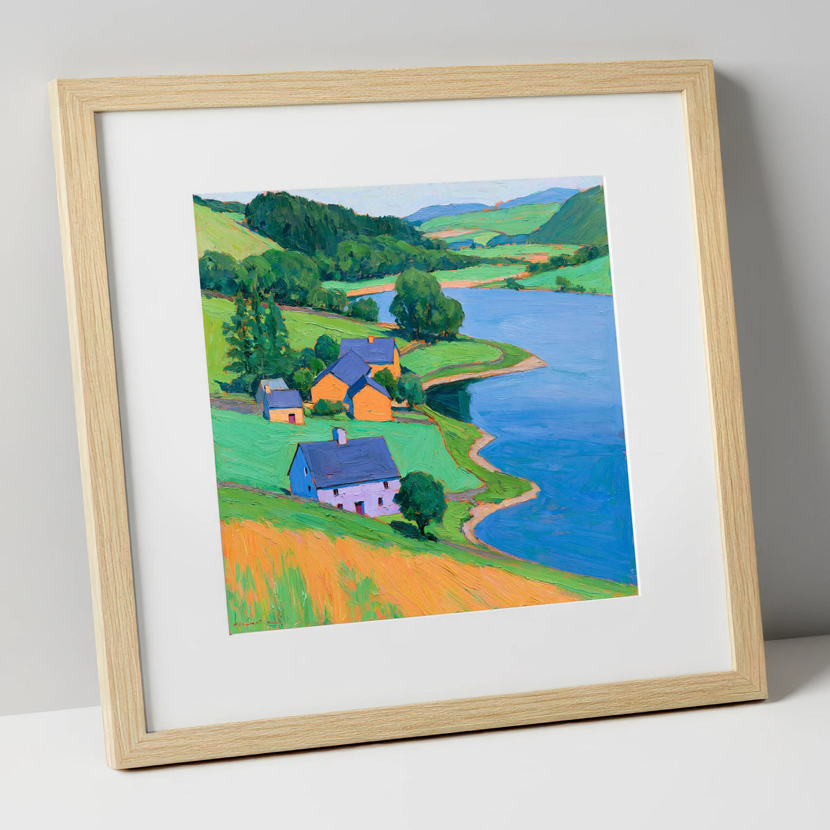 Vivid Lakeside Village and Fells lake district village art print in natural frame