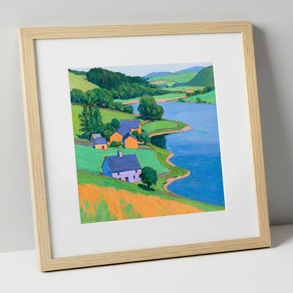 Vivid Lakeside Village and Fells lake district village art print in natural frame