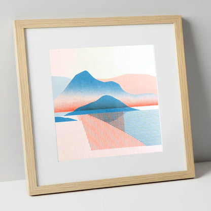 Graphic Catbells In Blue And Coral lake district fell art print in natural frame