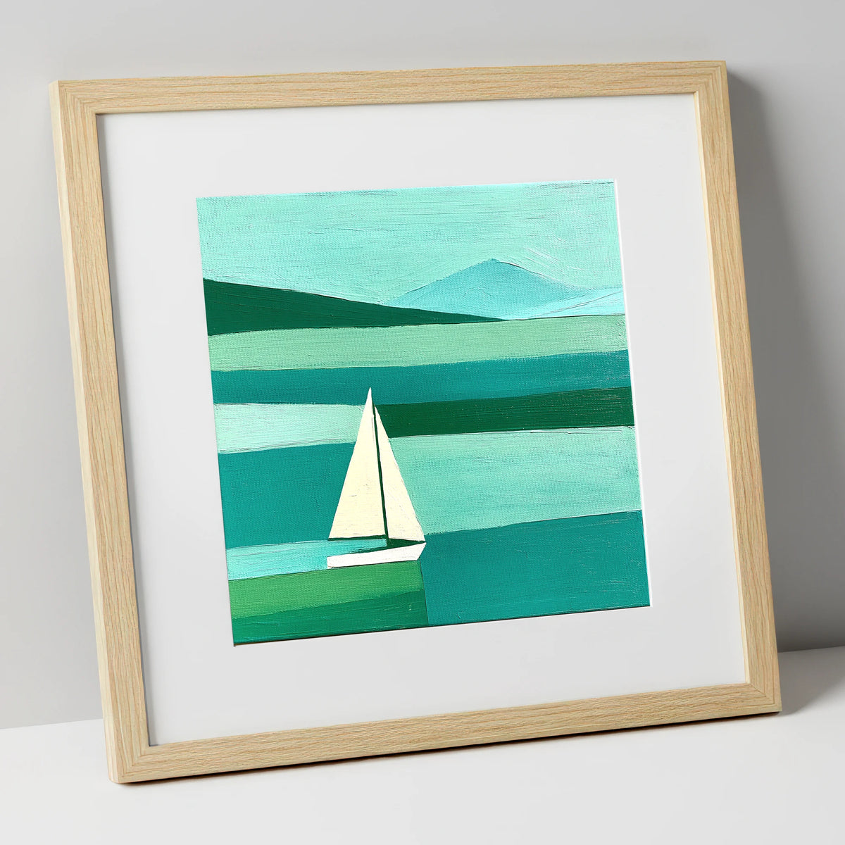 White Sailboat on a Teal Lake lake district walking art print in natural frame