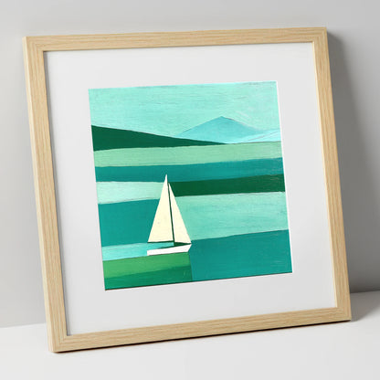 White Sailboat on a Teal Lake lake district walking art print in natural frame
