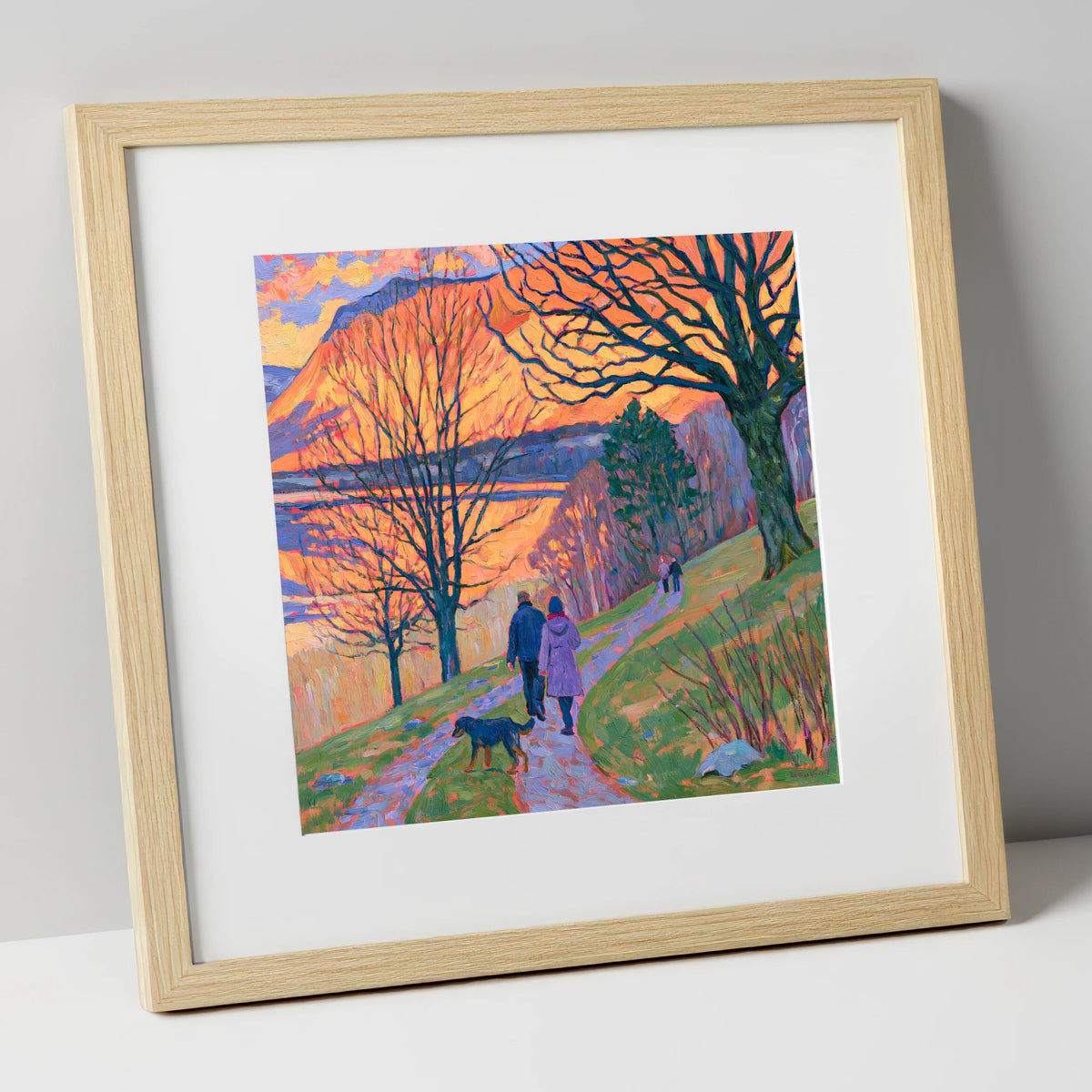 Vibrant Sunset Dog Walk Keswick gifts for dog walkers art print in natural frame