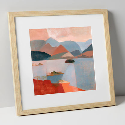 Catbells and Derwentwater in Terracotta lake district lake art print in natural frame