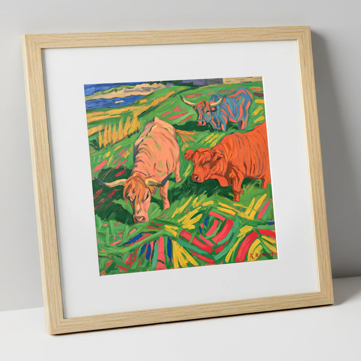 Vibrant Highland Cattle Grazing lake district wildlife art print in natural frame