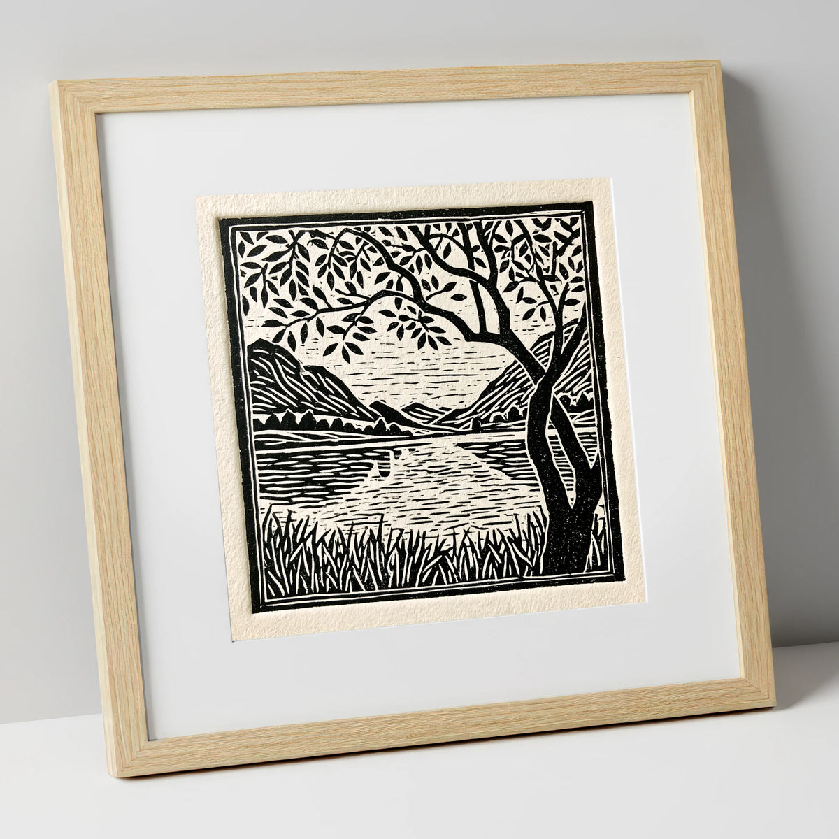 Still Dawn Lake in Monochrome lake district lake art print in natural frame