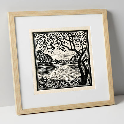 Still Dawn Lake in Monochrome lake district lake art print in natural frame