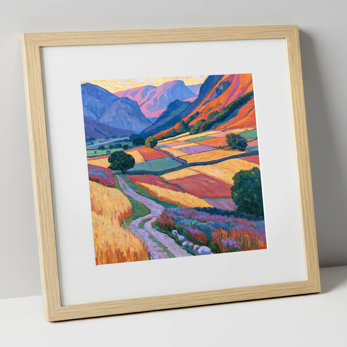 Vivid Patchwork Fields in the Dale lake district valley art print in natural frame