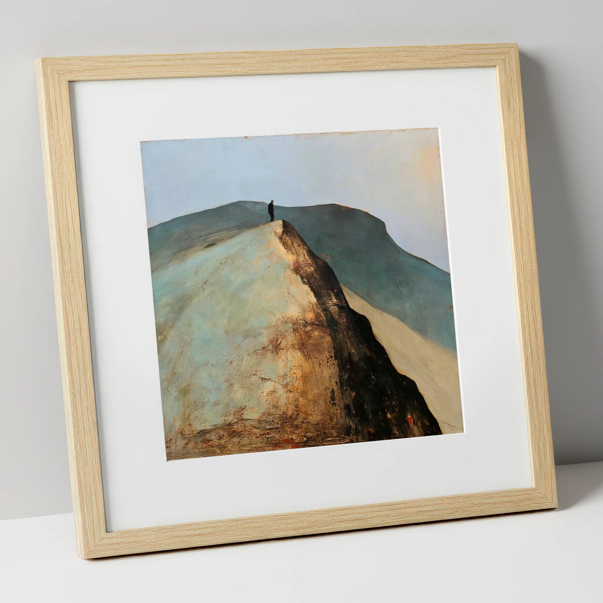 Walker on Golden Striding Edge lake district walking art print in natural frame