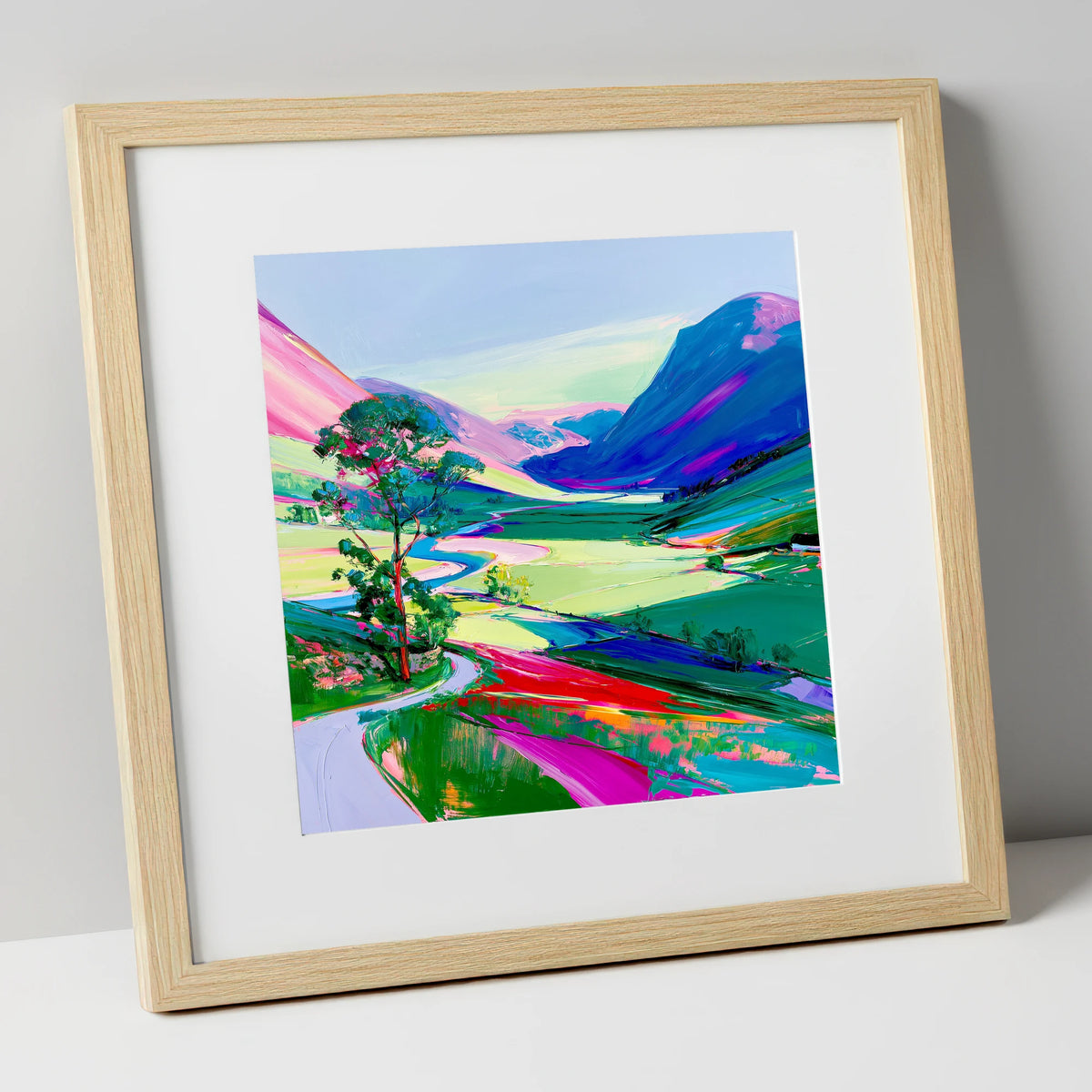 Vibrant Valley Road Beneath Pink Fells lake district valley art print in natural frame
