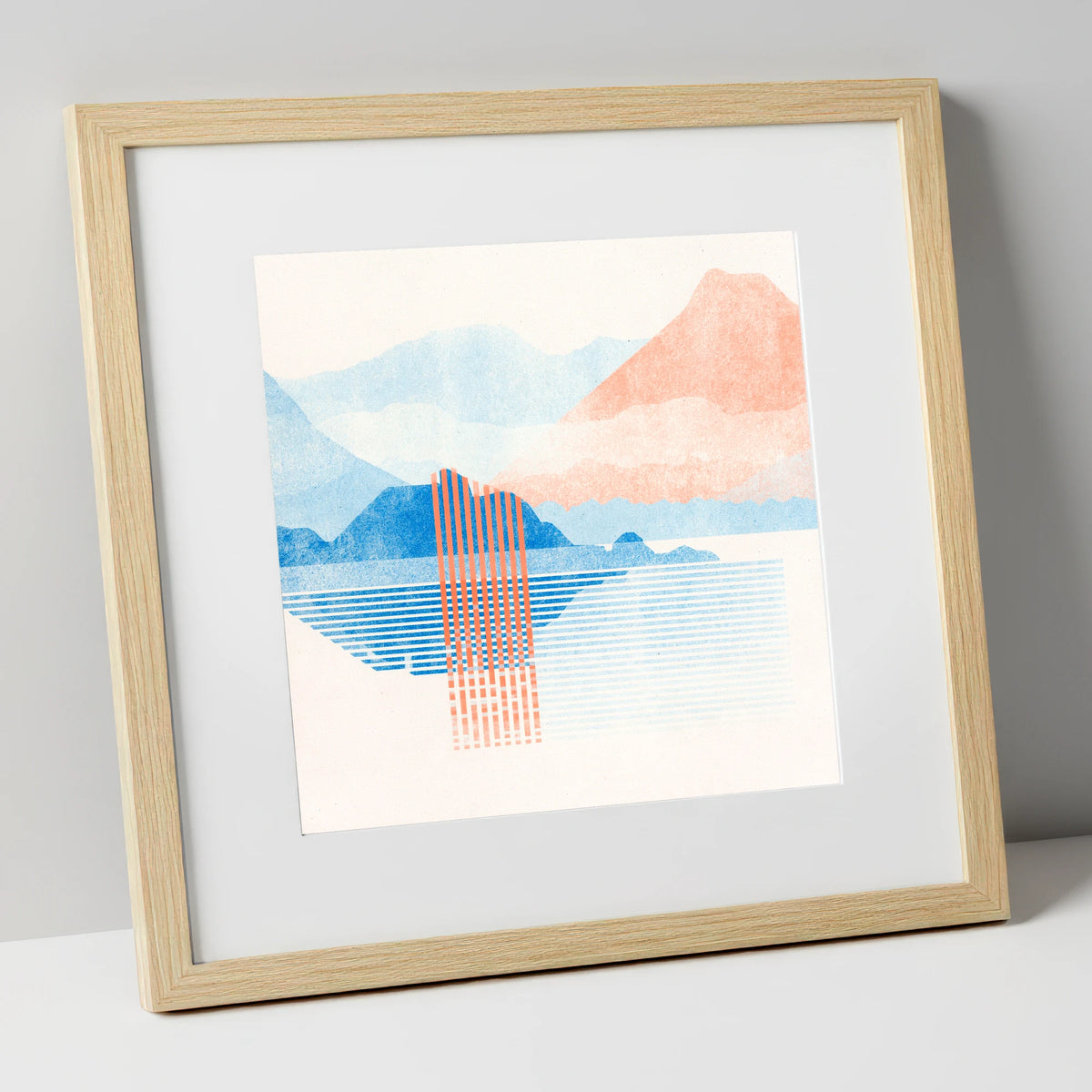 Geometric Derwentwater in Coral and Blue lake district lake art print in natural frame